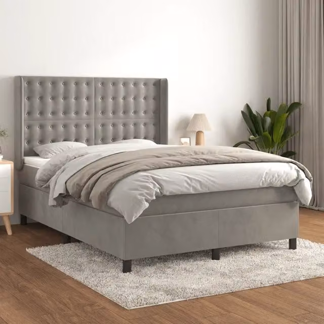 Letto con Giroletto a Molle e Materasso Ibrido vidaXL in Velluto Grigio e Bianco L/P: 140 x 190 cm – 1