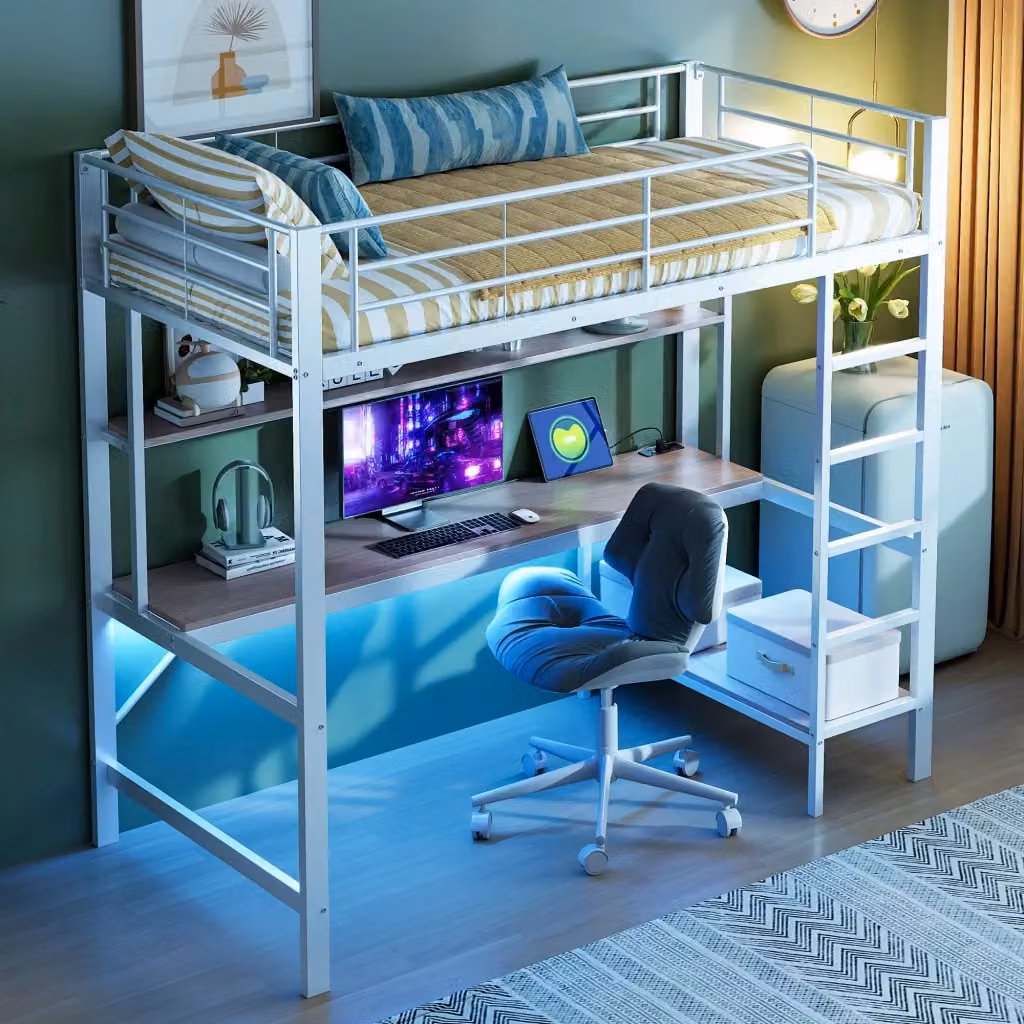Letto a soppalco singolo Chicfurn bianco con scrivania, ripiani, illuminazione LED e porta USB, L/P/H: 204 x 90 x 180 cm – 2