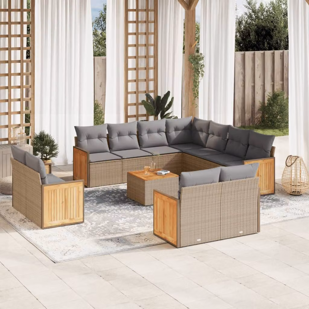 vidaXL Set Divani da Giardino 12 pz a Forma a L con Cuscini Beige e Grigio in Polyrattan e Legno di Acacia – 1