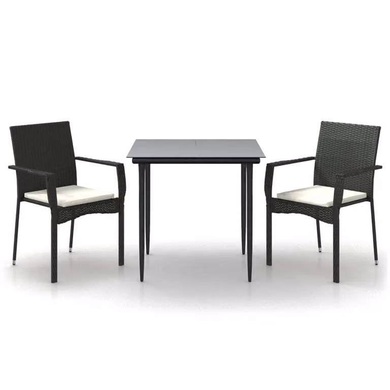 Set da Pranzo da Giardino 3 pz con Cuscini Nero in Polyrattan