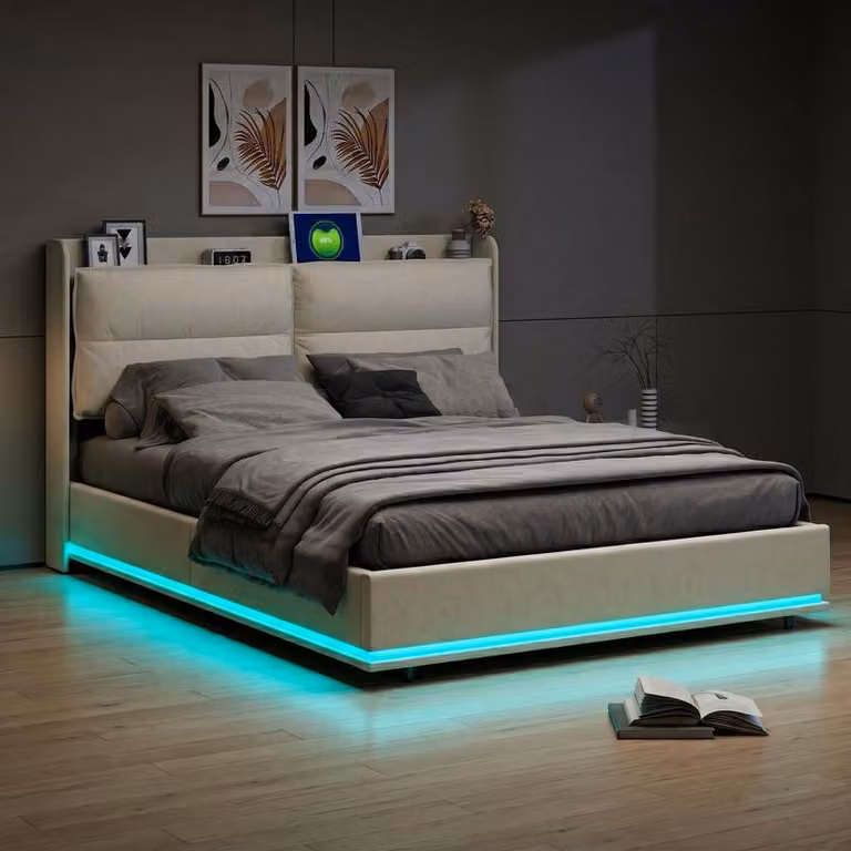 Letto imbottito in velluto ProximaX 160x200 cm beige con vano contenitore – Base letto idraulica con illuminazione a LED, ricarica wireless e porte USB/Type-C, moderno letto matrimoniale
