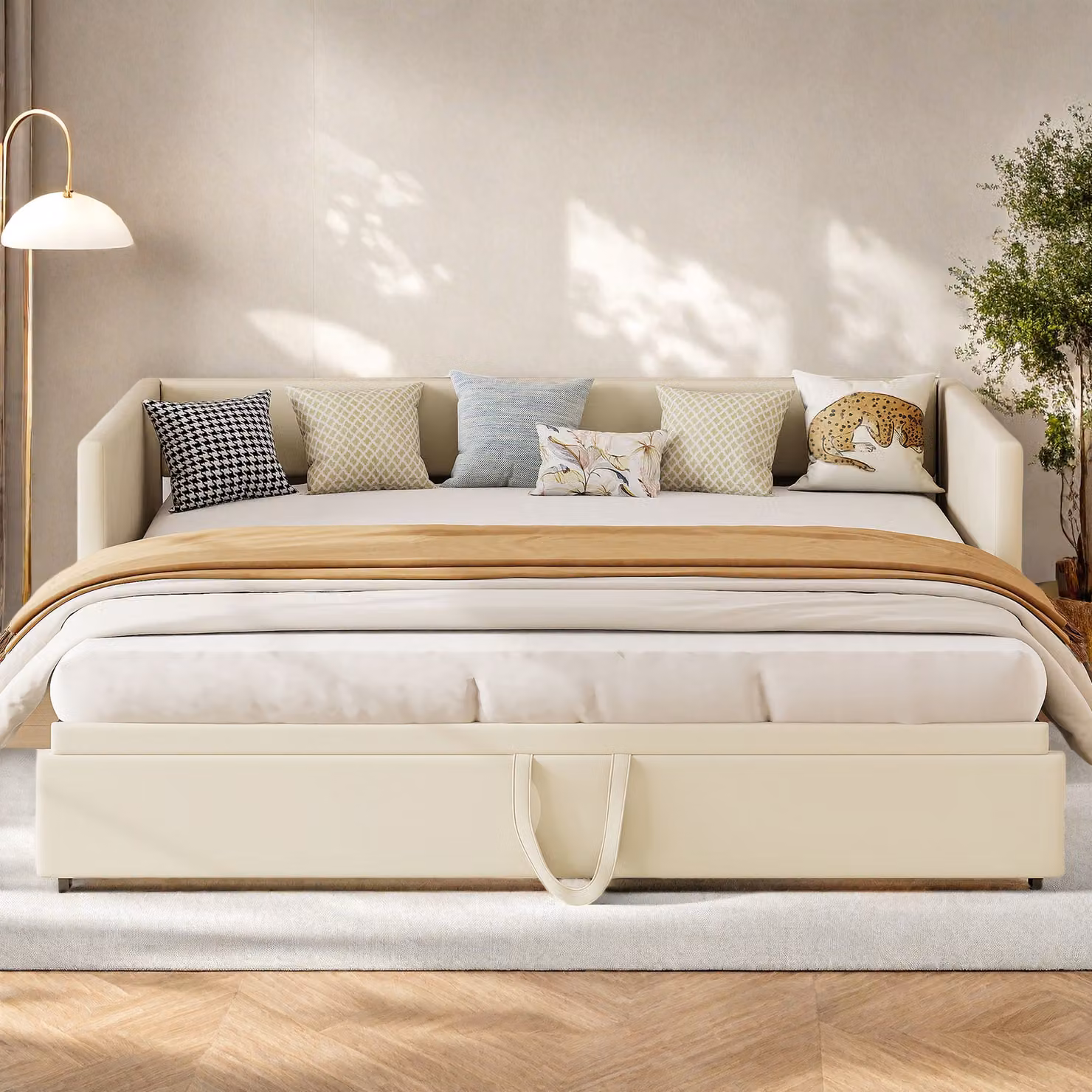 UnboxG Divano letto 90x200/180x200cm con letto estraibile, divano letto giorno letto per bambini letto per ragazzi con rete a doghe, letto giorno in velluto, beige
