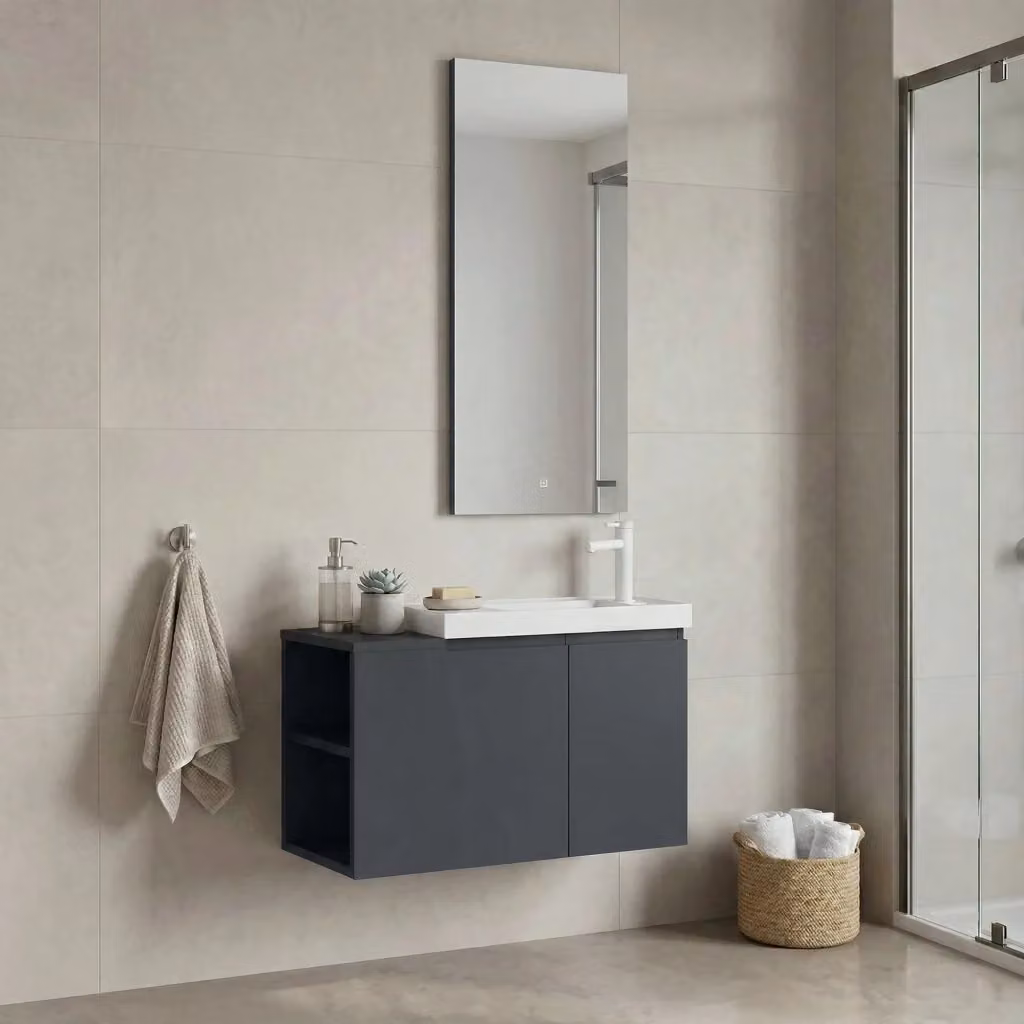 Set mobile lavabo con specchio Ferla 80 di HANAH HOME, colore antracite opaco, L 80 x P 22 x H 45 cm – 2