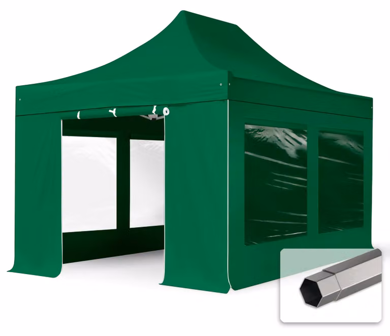 TOOLPORT 3x4,5m gazebo pieghevole con laterali (finestre panoramiche), PREMIUM acciaio, verde scuro