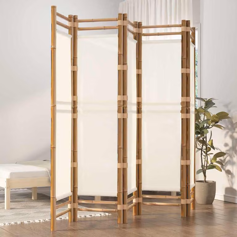 Divisorio Ambienti Pieghevole vidaXL con 5 Pannelli in Bambù e Tela Beige e Bianco, H: 180 cm, L: 200 cm