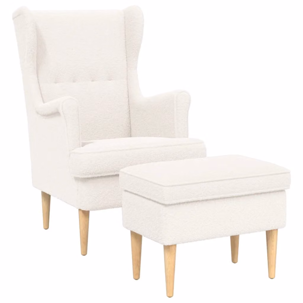 Set Poltrona con Ottoman vidaXL in tessuto Bouclé Beige e Bianco con struttura in legno massello – 2