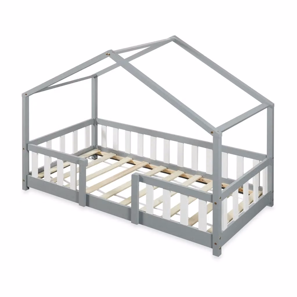 Letto per camerata Treviolo a forma di casetta in stile Montessori en.casa, legno di pino laccato, Grigio Chiaro/Bianco, L/P/H: 160 x 80 x 121 cm – 2