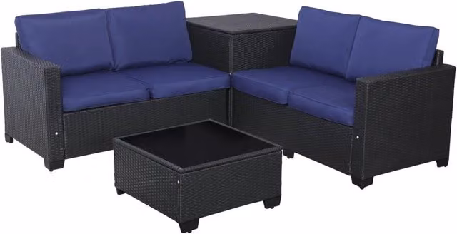Set da giardino in resina intrecciata con contenitore "Riley" - 4 posti - Blu scuro
