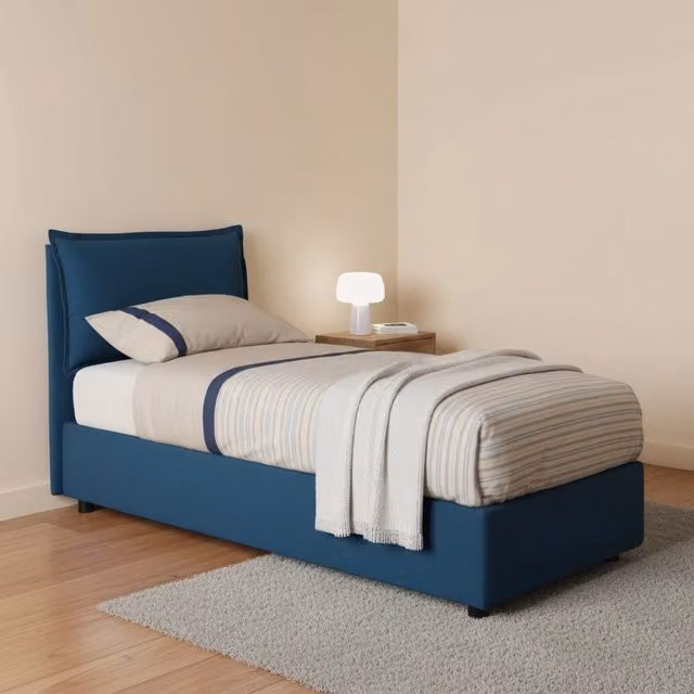 Letto singolo contenitore Talamo Italia con rivestimento in tessuto blu, apertura frontale, adatto per materasso 80x200 cm