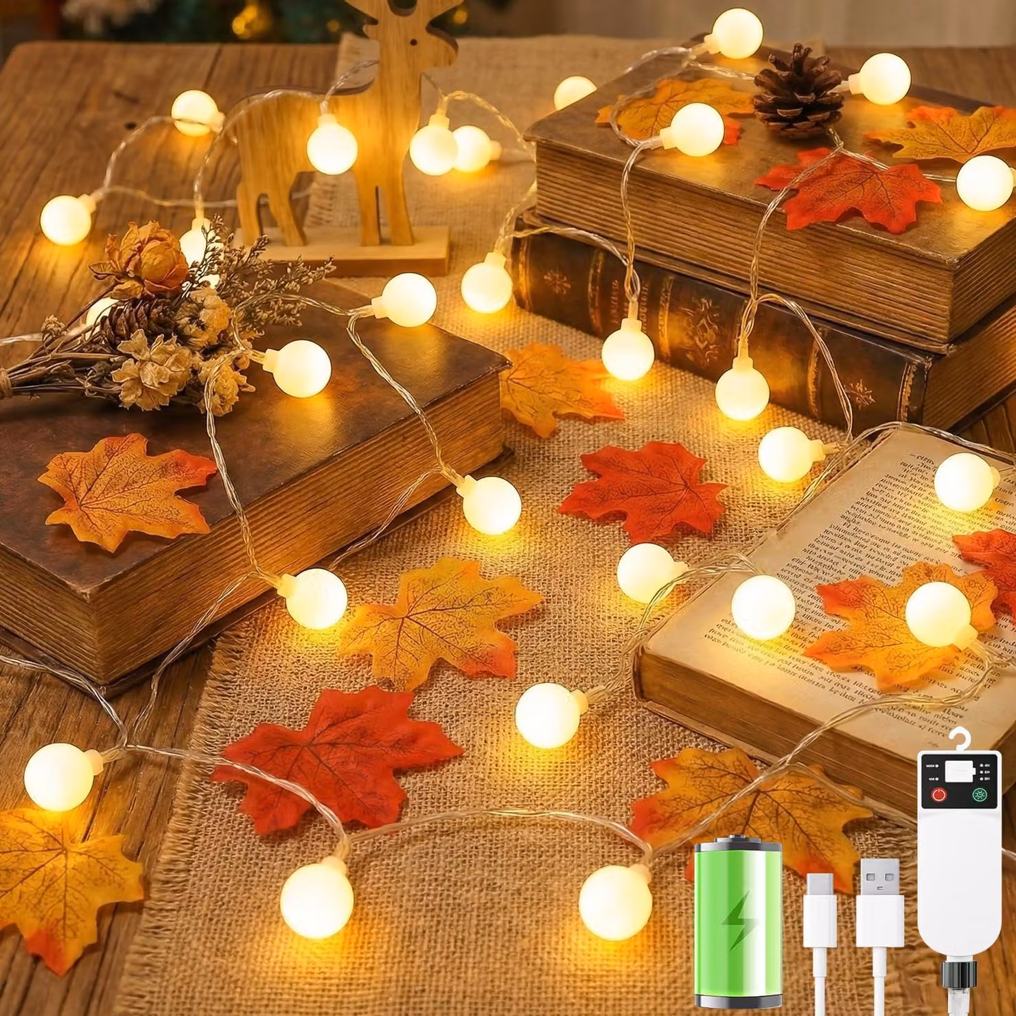Catena luminosa a LED, 20 metri, 120 LED, luce bianco caldo, grado di protezione IP65, alimentazione a batteria, con timer
