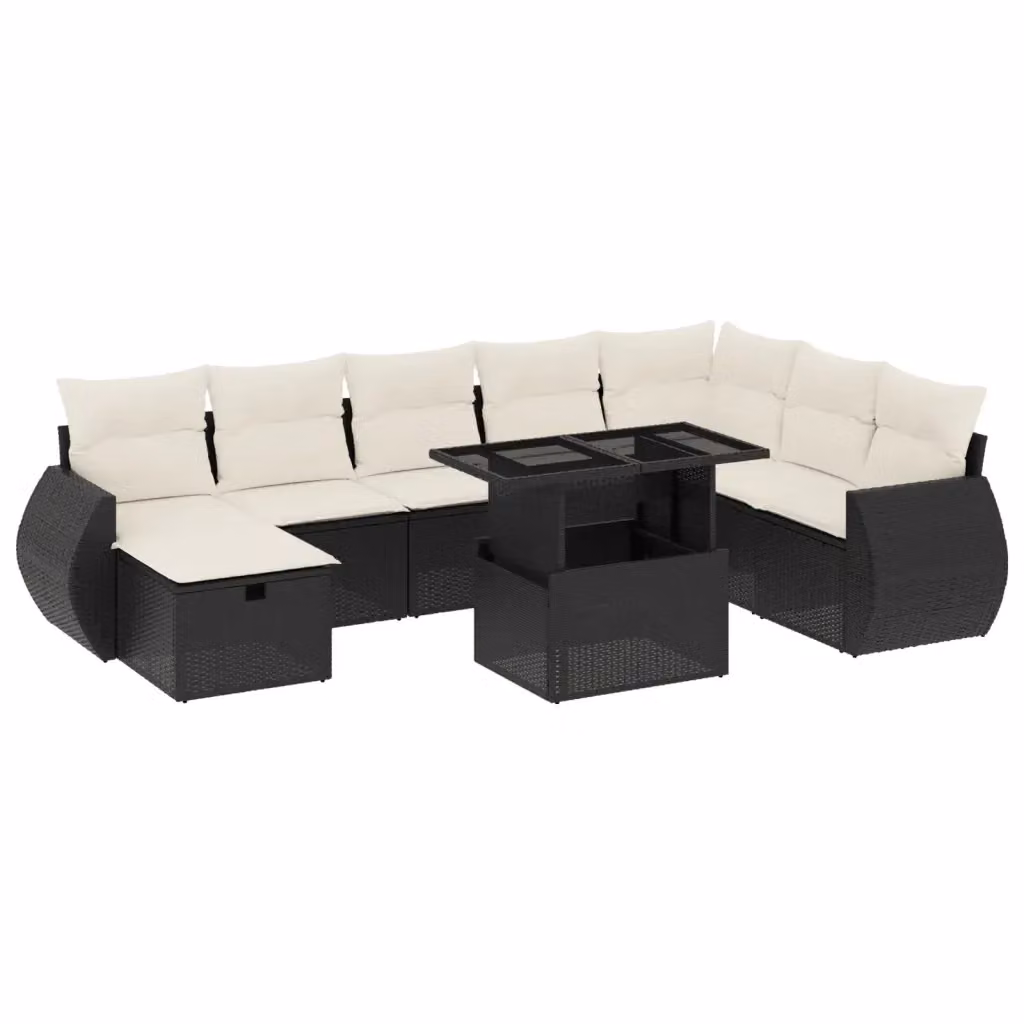 vidaXL Set Divani da Giardino a L 9 pz in Polyrattan Nero con Cuscini e Tavolino da Esterno – 2