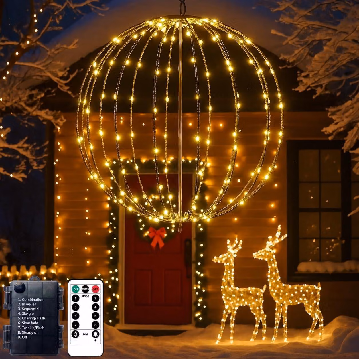 Sfera luminosa a LED, diametro 30 cm, 120 LED bianco caldo, 8 modalità, timer, alimentazione a batteria