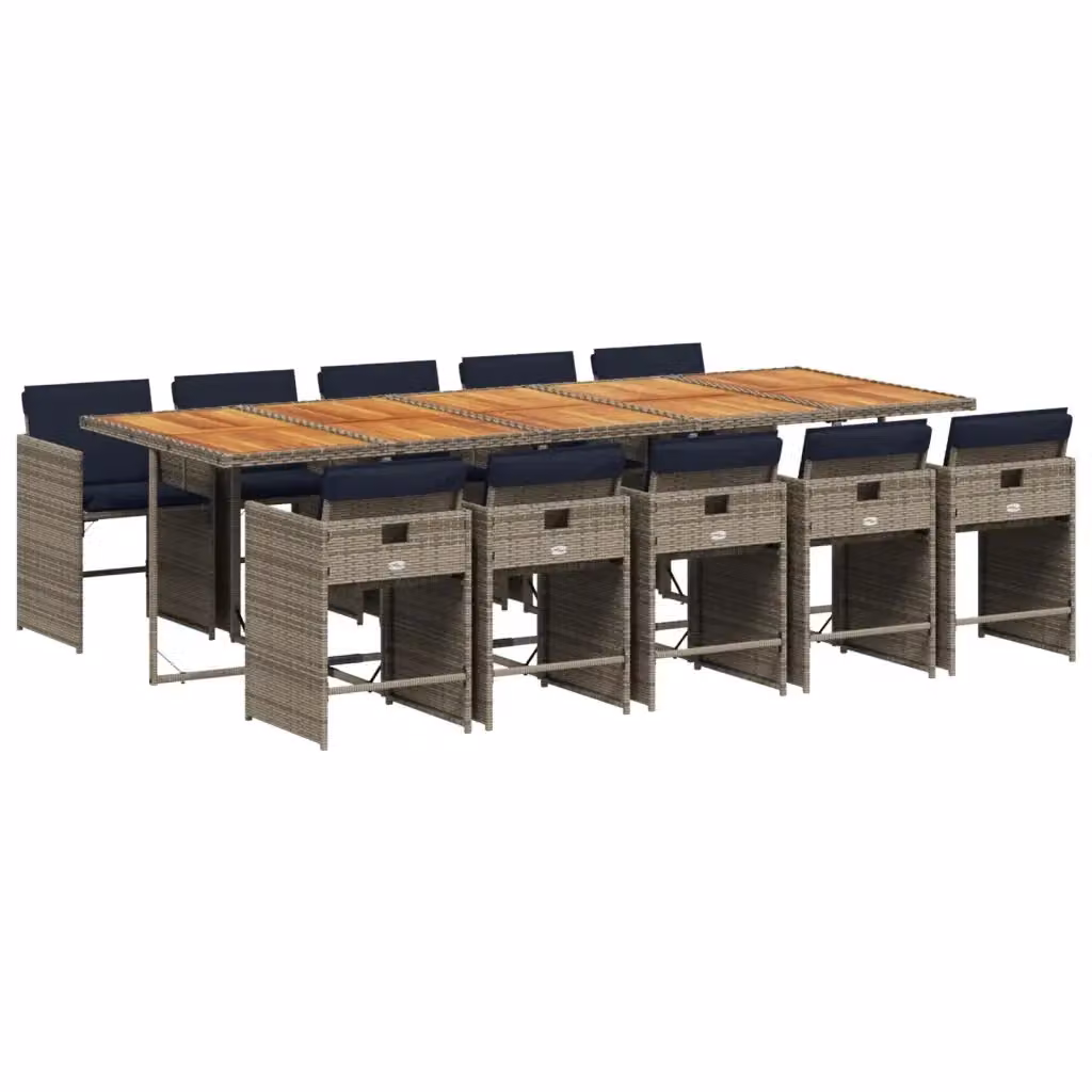 Set da pranzo da giardino vidaXL in polyrattan e legno di acacia da 11 pezzi con cuscini, tavolo rettangolare estensibile, Grigio – 2