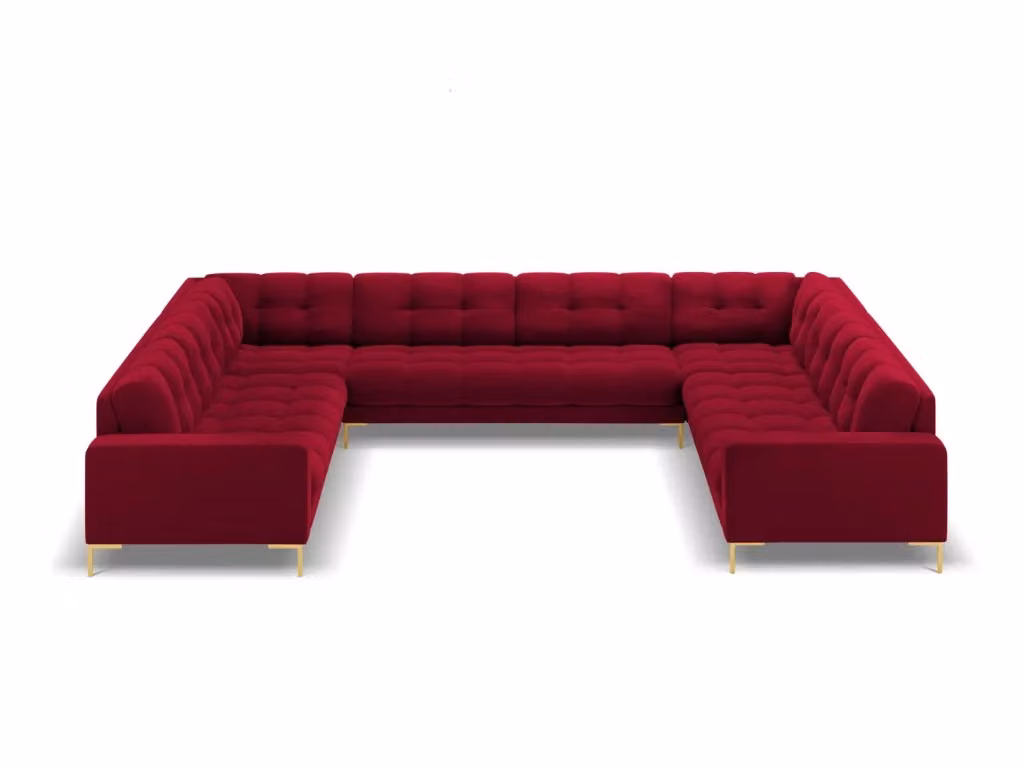 Divano panoramico Bali a 9 posti Cosmopolitan Design in velluto rosso con struttura in metallo L: 327 cm, P: 159 cm, H: 75 cm – 2