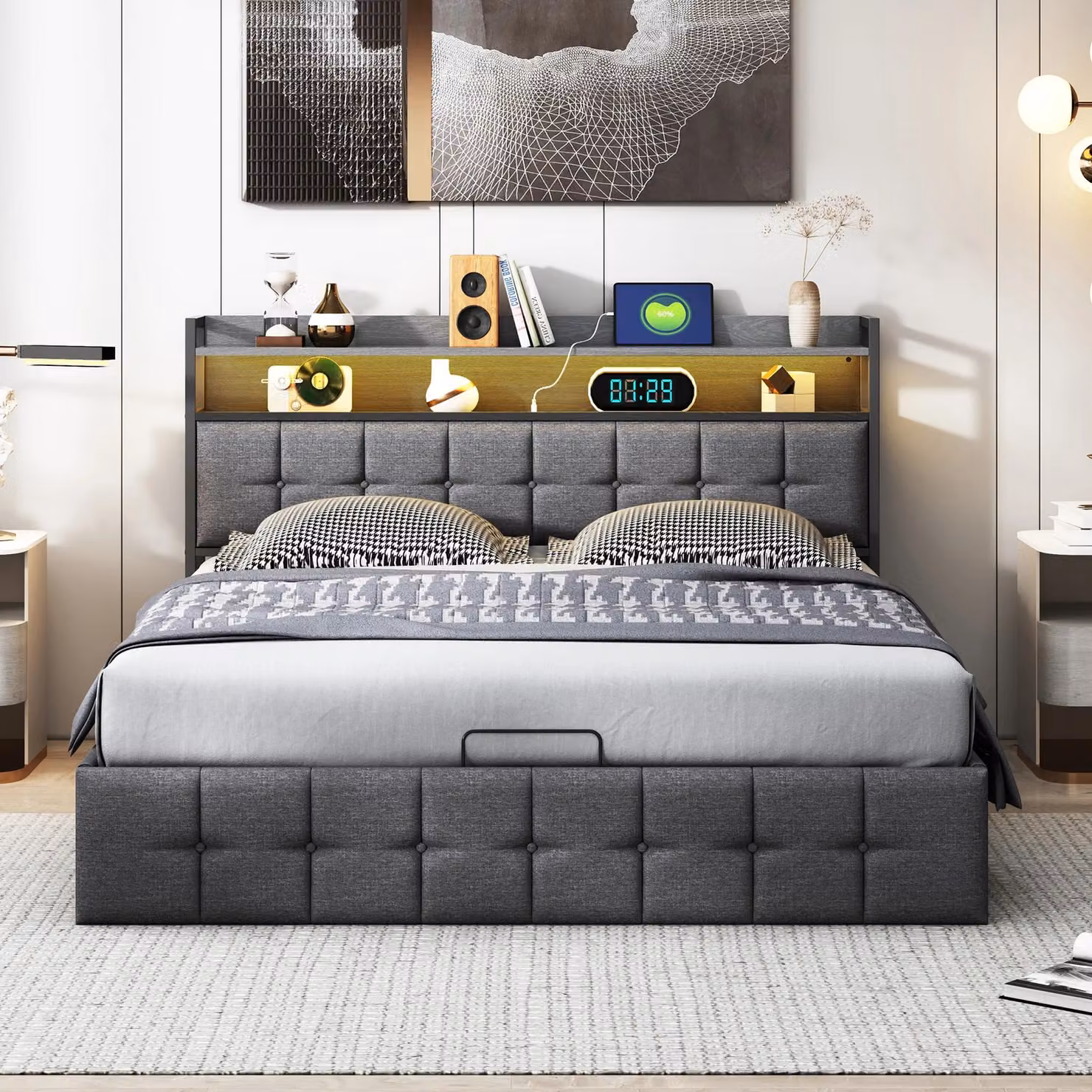 Letto imbottito - Letto matrimoniale 140 x 200 cm - Letto con spazio contenitore - Meccanismo di sollevamento idraulico - Struttura del letto con rete a doghe - Tessuto: lino - Colore: grigio