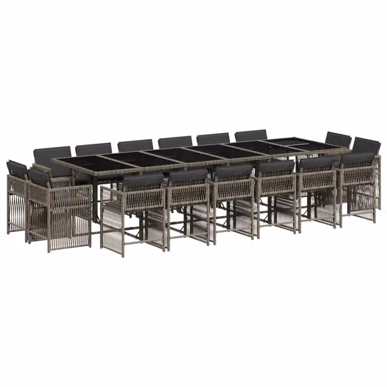 Set da Pranzo da Giardino 17pz con Cuscini Grigio in Polyrattan