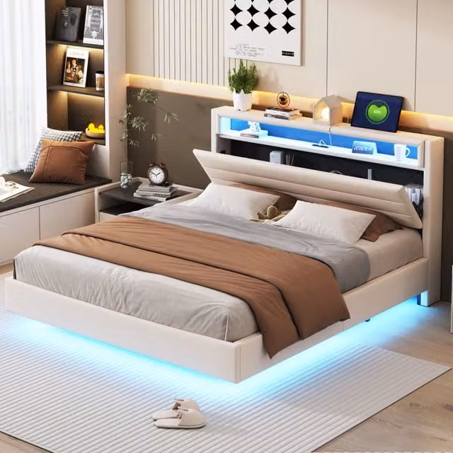 Letto matrimoniale imbottito ULEVR 160x200 cm con testiera girevole, USB e LED multicolore, beige