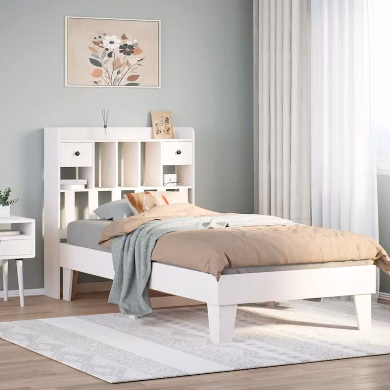 Letto singolo vidaXL in legno massello di pino bianco con stile rustico, senza materasso, L/P/H: 90 x 190 x 110 cm