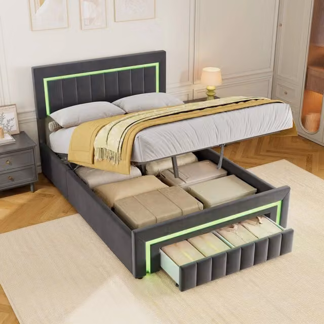 Letto Imbottito 140x190 cm Grigio Antracite con LED, Contenitore Idraulico e 1 Cassetto