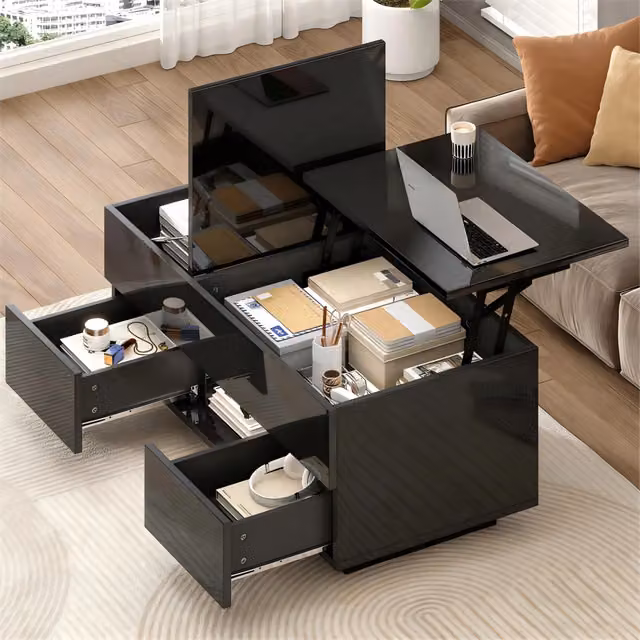 Tavolino basso alzabile con LED e 2 cassetti; vano nascosto; truciolare nero lucido 100 × 45 × 43 cm