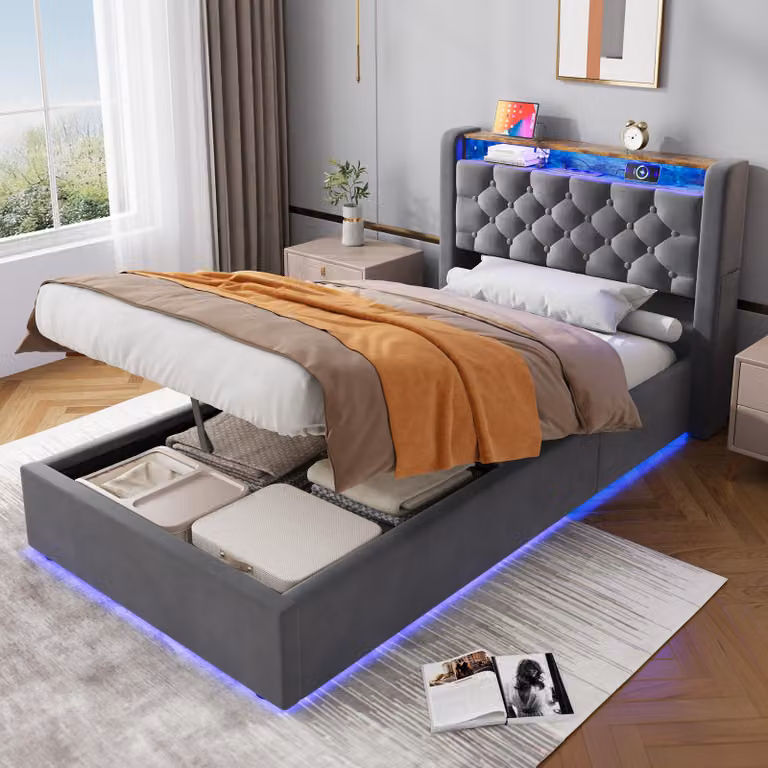 MODFU Letto imbottito 90 x 190 con contenitore, letto per ragazzi con testiera dotata di ripiani, illuminazione a LED e presa di corrente, materasso escluso, grigio scuro