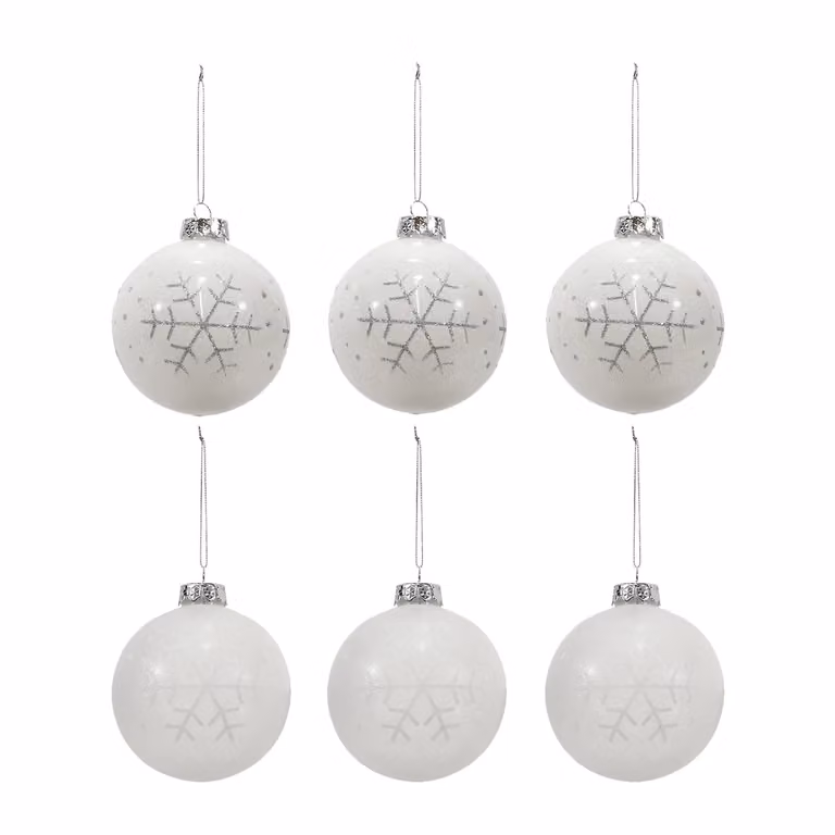 Vestiamo Casa Gran Natale - Set di 6 palline di Natale bianche con fiocco e decorazioni a fiocchi di neve, diametro: 8 cm