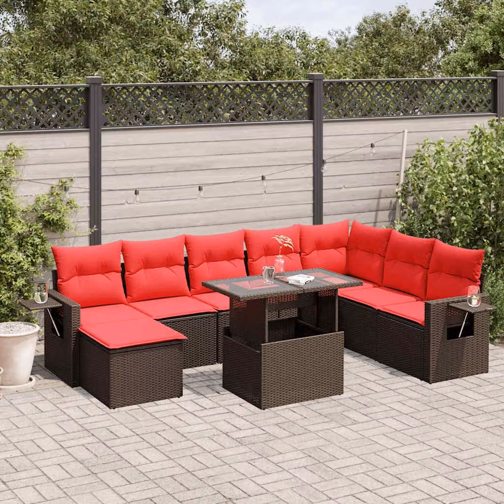 Set di divani da giardino vidaXL 9 pezzi in polyrattan marrone con cuscini e tavolino da esterno a forma di L