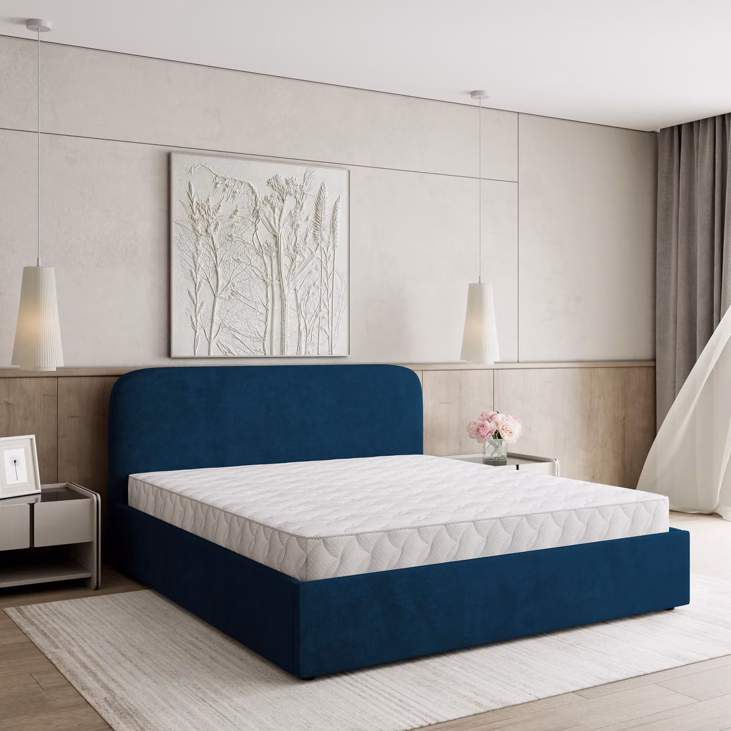 Masseno Letto imbottito RENIVE 140x200 cm, Letto imbottito con giroletto -Blu, KRONOS 09
