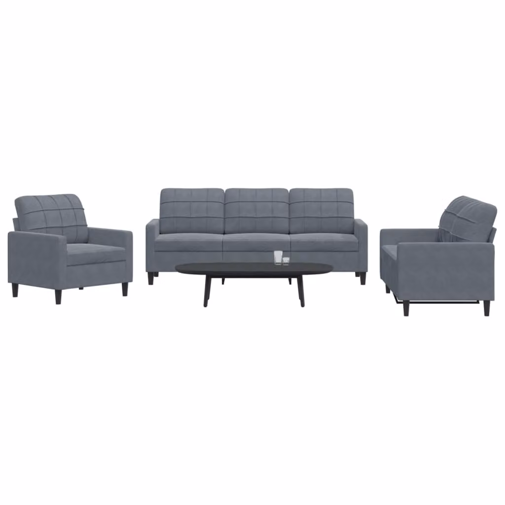 Set di divani 3 pezzi vidaXL in velluto grigio con cuscini e struttura in metallo per soggiorno – 1