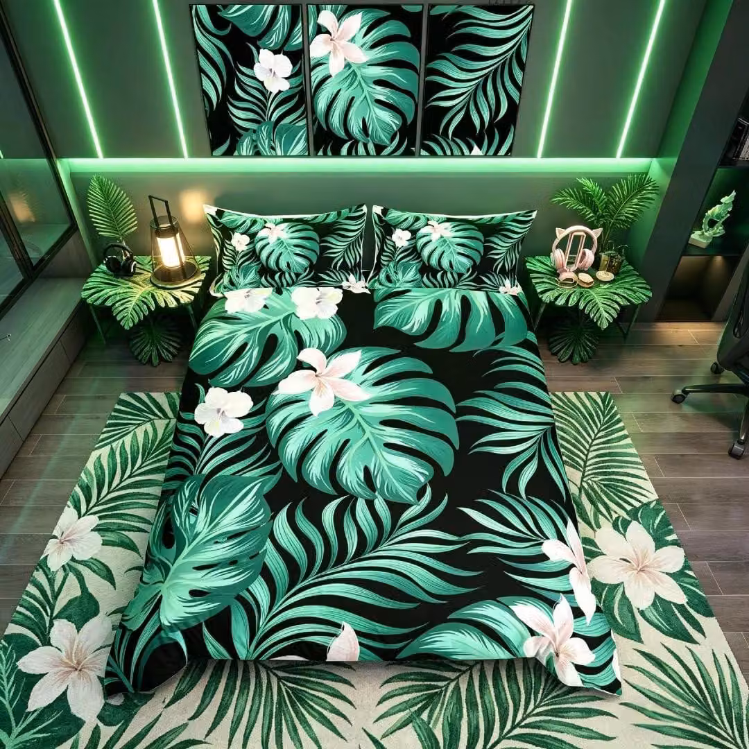 Omgoods - Set di lenzuola con copripiumino a tema foglie tropicali, misura king size