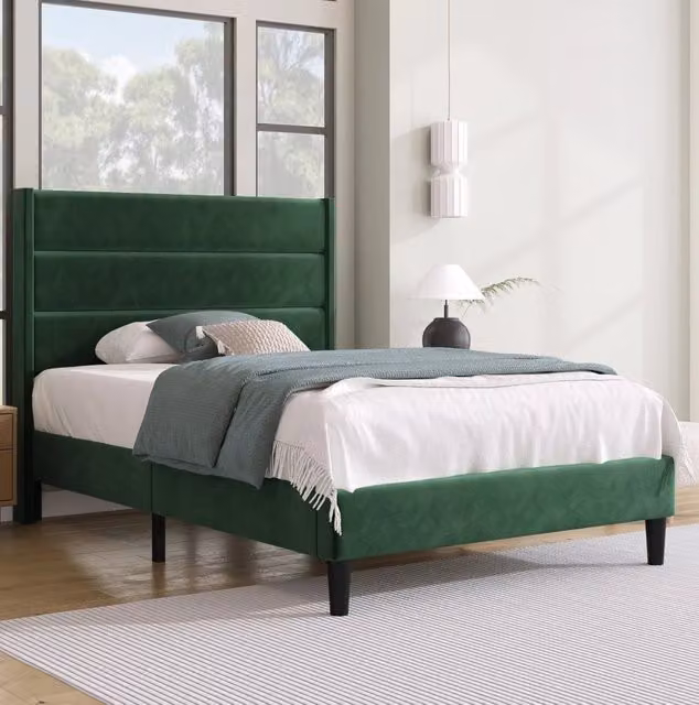 Letto imbottito 90x200 cm con rete a doghe e testiera in velluto verde scuro
