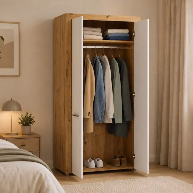 Armadio Camera da Letto Lesemelo, Guardaroba 2 Ante un Ripiano, 100x192h cm Marrone Rovere