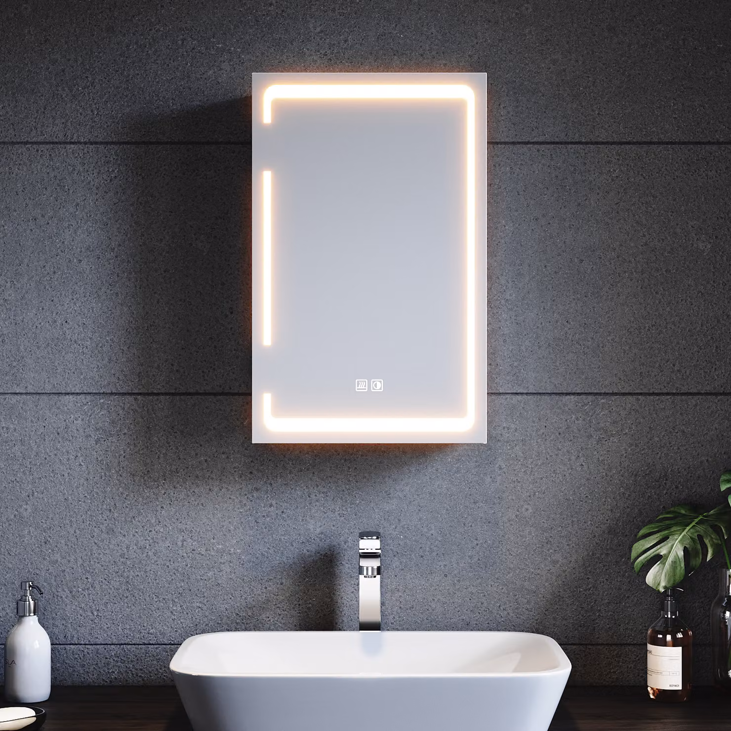 SONNI Armadio a specchio in metallo con illuminazione a LED 38x60x14 cm, interruttore dual-touch dimmerabile, 1 anta, struttura a cerniera senza fili, armadio a muro, armadio da bagno
