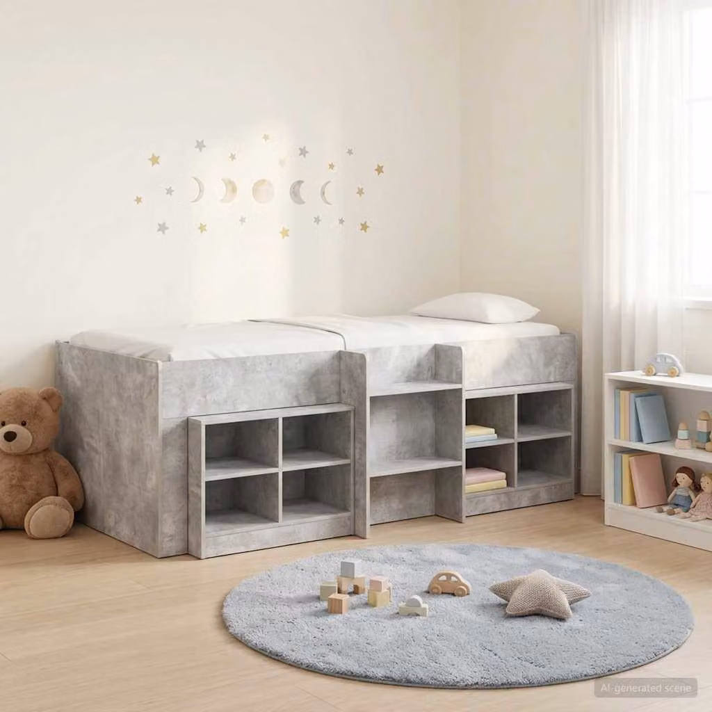Set di Letto Loft con Mobile vidaXL in Grigio Cemento, Struttura Rialzata per Singolo in Legno e Metallo, L/P/H: 193 x 96 x 68,5 cm