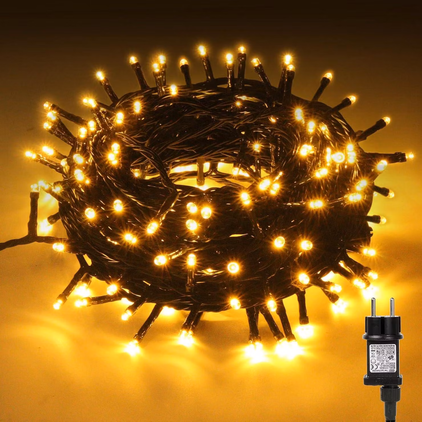 Catena luminosa da 20 metri, con 200 LED, luce bianco caldo, grado di protezione IP44, 8 modalità
