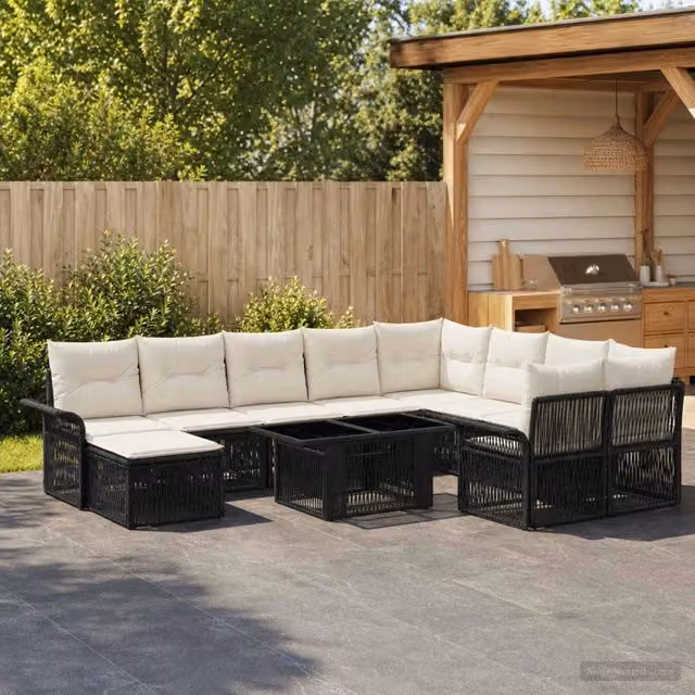 Set Divano da Giardino Moderno vidaXL in Polyrattan Nero e Bianco con Cuscini e Tavolino da Esterno 11 Pezzi – 1