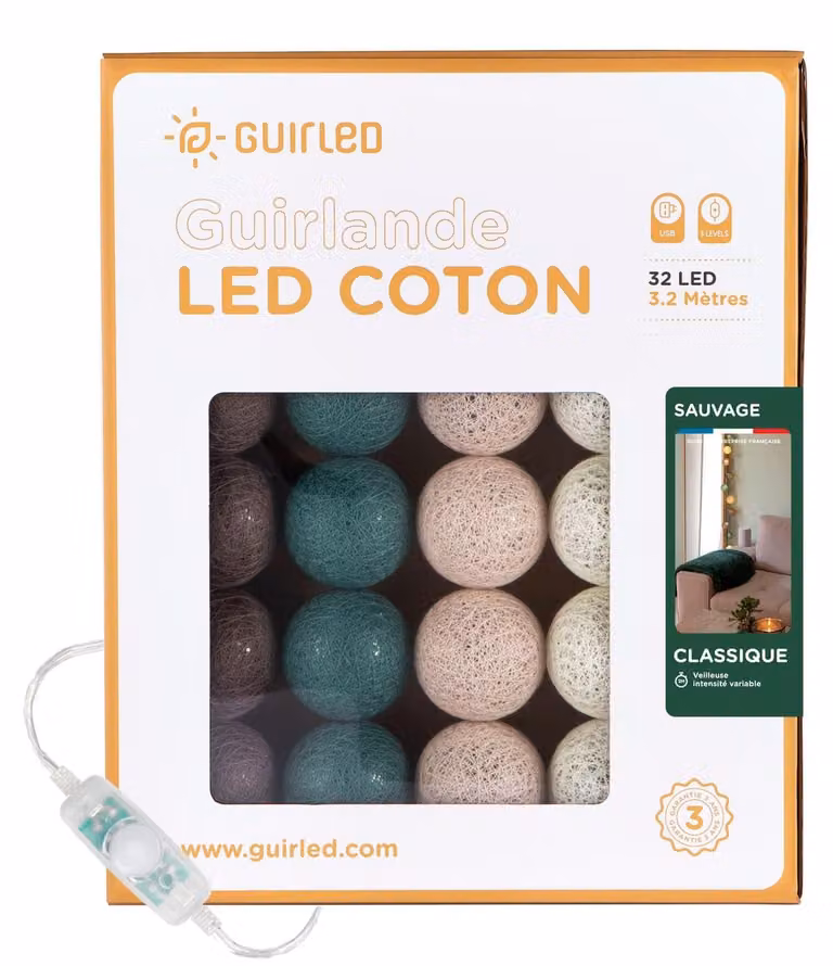 Catena luminosa con 32 palline di cotone, alimentazione USB, timer, lunghezza 3,2 metri