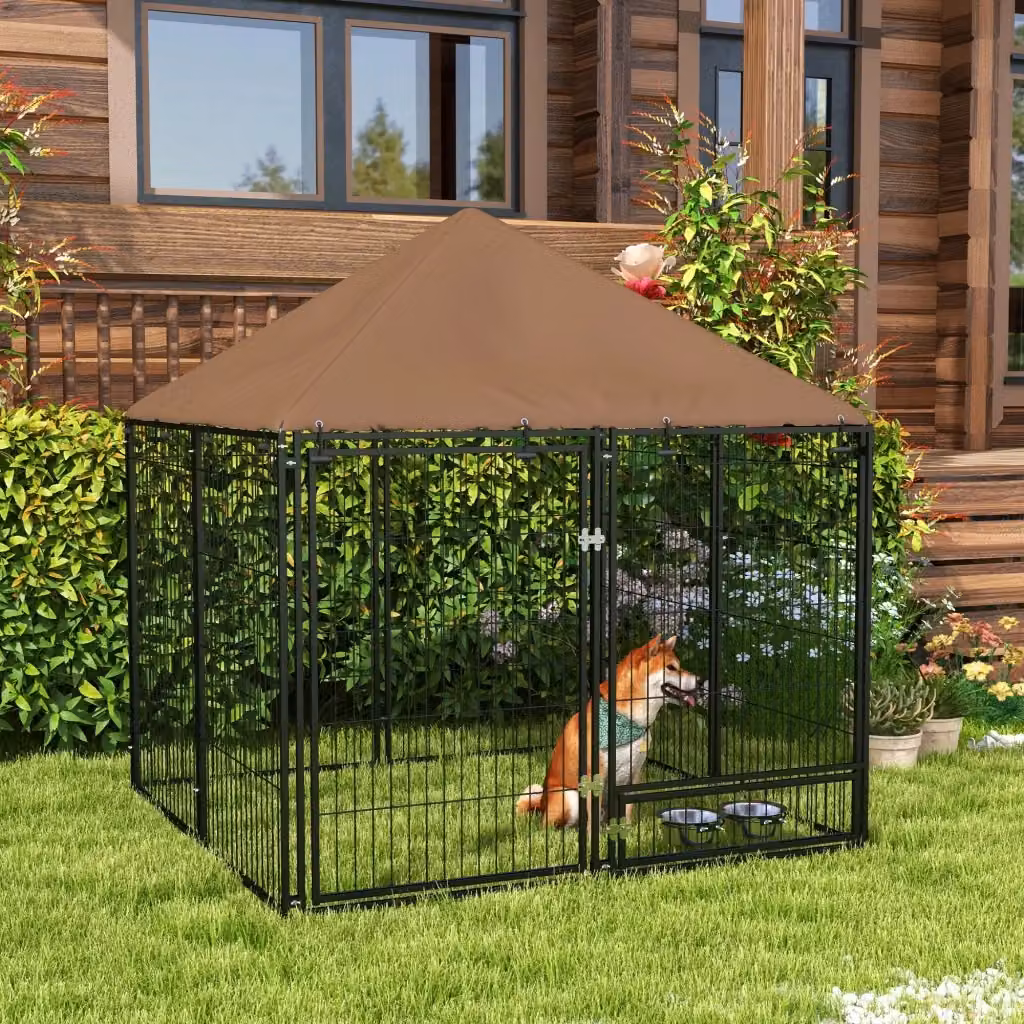 Recinto per cani GIORDANOSHOP con porticina per ciotole in metallo e tessuto Oxford, Nero e Marrone, L/P/H: 141 x 141 x 151 cm – 2