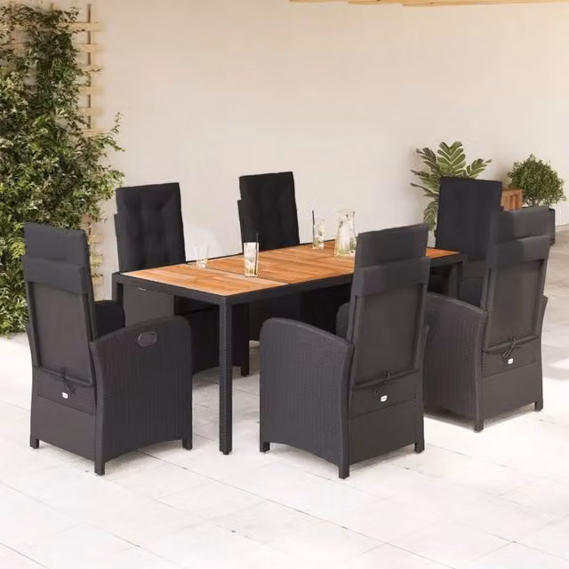 Set da Pranzo da Giardino vidaXL in Polyrattan e Legno di Acacia Nero e Marrone con 7 Pezzi – 1