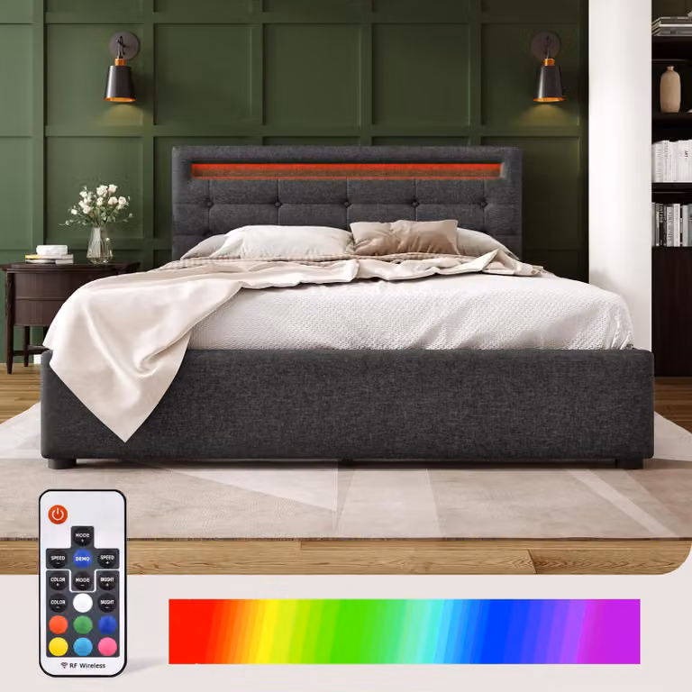Letto imbottito 140x200, con illuminazione LED, 4 cassetti, testiera regolabile in altezza, rete a molle, senza materasso.