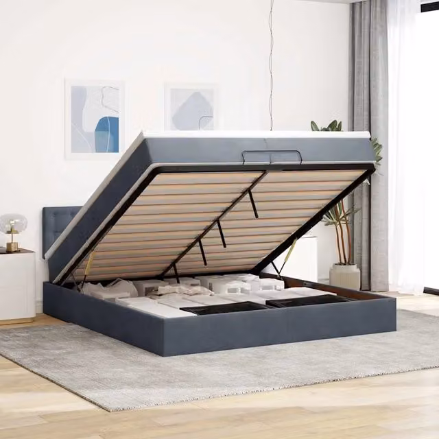 Letto con contenitore a sollevamento vidaXL in velluto con illuminazione sottostante e porta USB, L/P/H: 200 x 200 x 280 cm, Grigio e Bianco