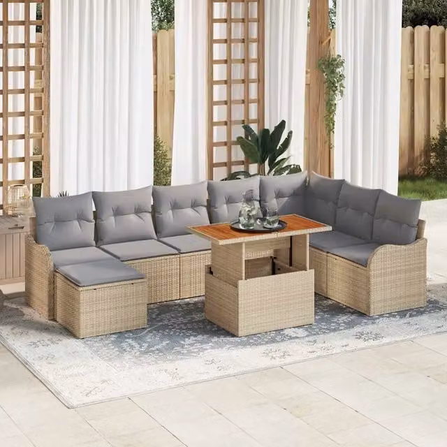 vidaXL Set Divano da Giardino a L in Polyrattan Beige con Cuscini e Tavolino da 9 Pezzi