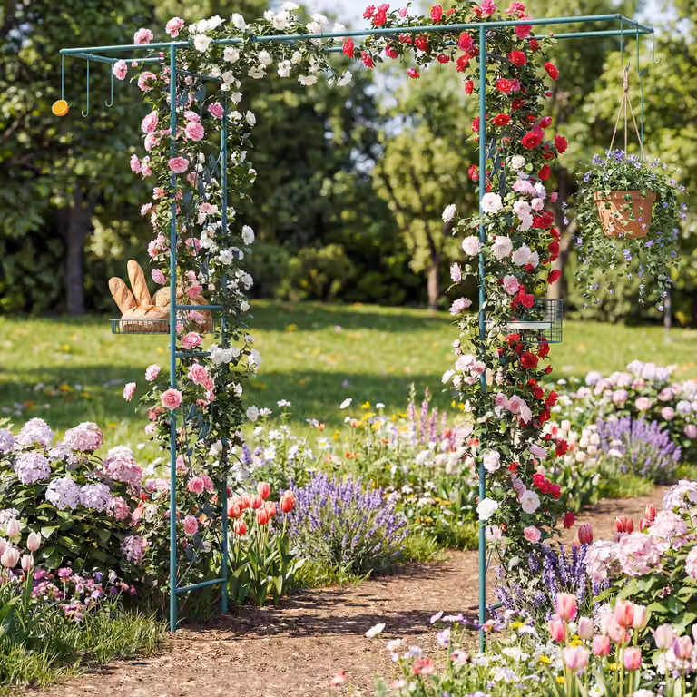 Pergolato a arco Costway con ciotola d'acqua e vassoio a rete, stazione di alimentazione per uccelli da giardino Verde