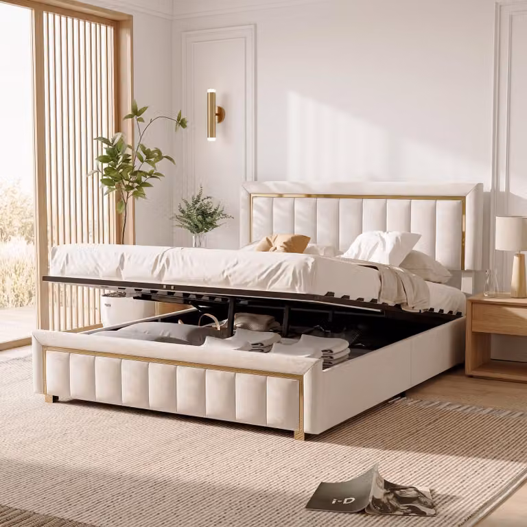 Letto contenitore con boxspring, imbottito, 140x200 cm, con spazio contenitore, letto matrimoniale con cassone, struttura letto idraulica con rete a listelli, velluto, beige