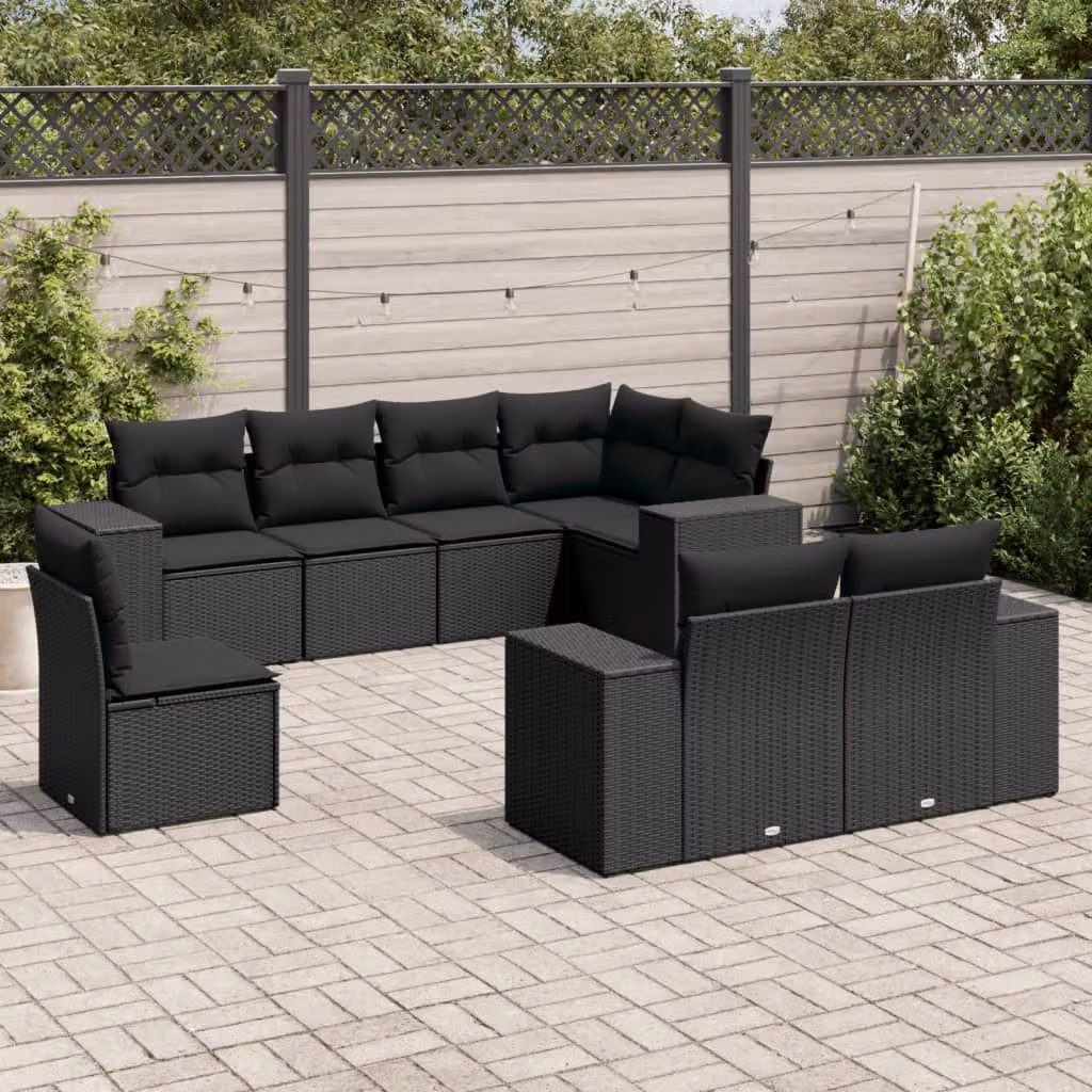 vidaXL Set Divani da Giardino a L con Cuscini 8 pz Nero in Polyrattan – 1