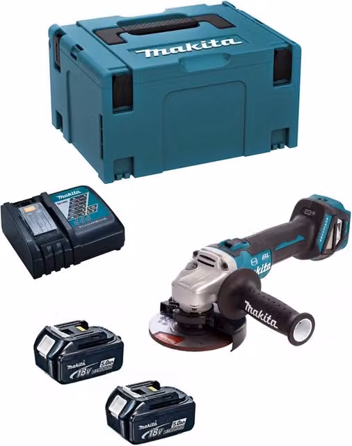 Mini-Smerigliatrice Makita DGA513RTJ con 2 batterie da 5,0 Ah, caricabatterie DC18RC e sistema di trasporto Makpac 3