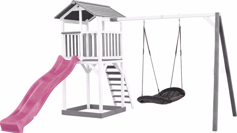 AXI Beach Tower parco giochi in legno in grigio e bianco | Torre di gioco per bambini con sabbiera, altalena a nido e scivolo viola | Casa per bambini su palafitte per il giardino
