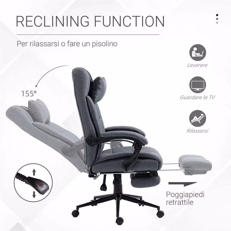 Sedia da ufficio ergonomica reclinabile con poggiatesta e poggiapiedi in tessuto grigio, L: 70 cm, P: 66 cm, H: 116-124 cm – 2