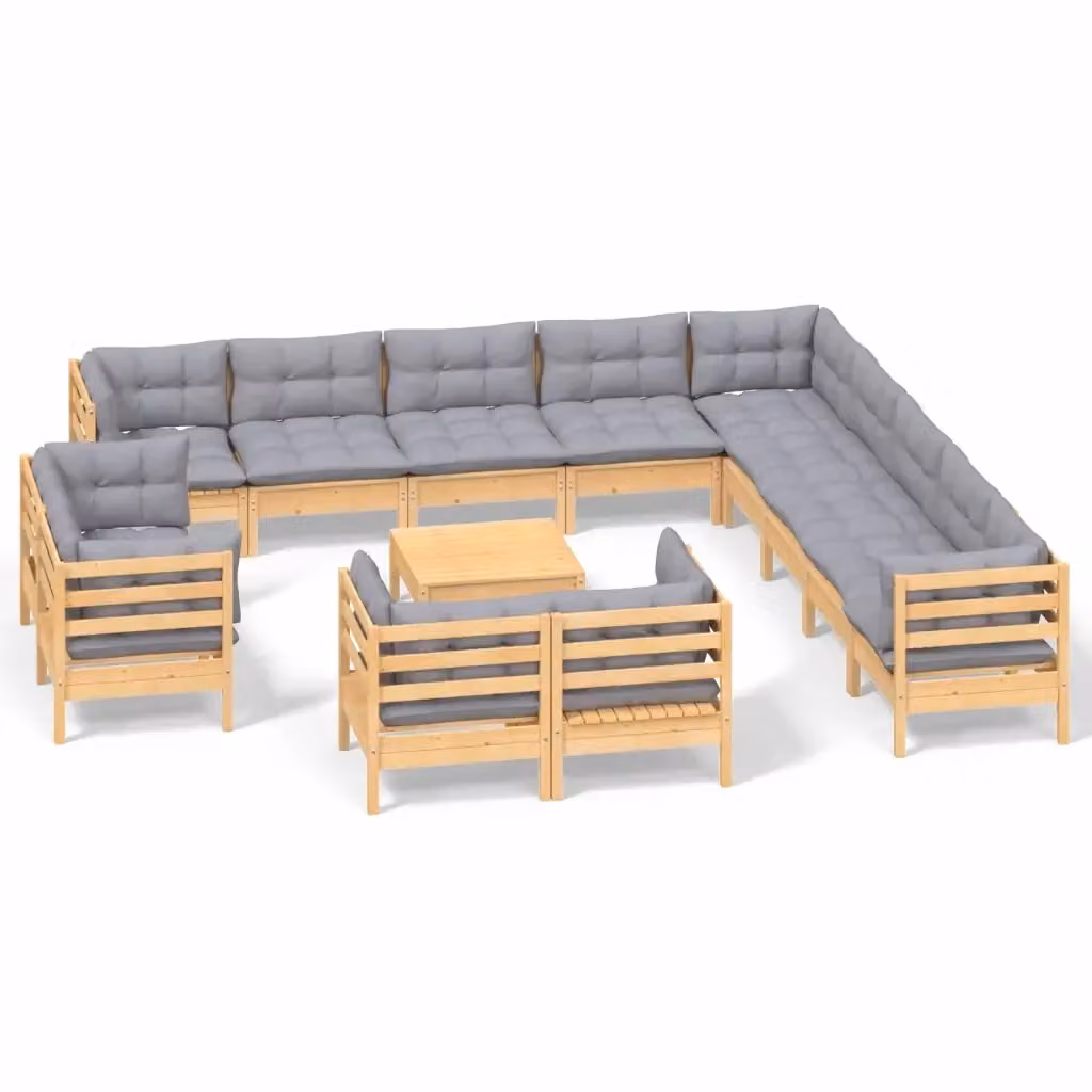 Set di Divani da Giardino vidaXL in Legno di Pino Massello con Cuscini Grigi, Design Moderno a L con Elementi Angolari e Ottoman, 14 Pezzi – 2