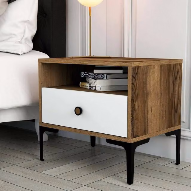 Comodino Editta DMORA, Comò basso e Tavolino da notte moderno in marrone e bianco, L: 56 cm, H: 51 cm, P: 40 cm – 1